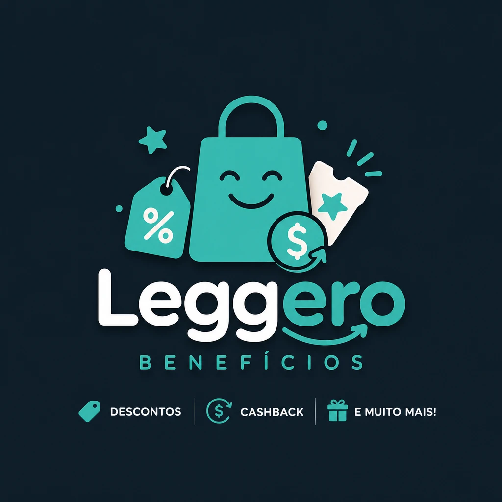 Logotipo do Leggero Benefícios: sacola de compras sorridente cercada por etiqueta de desconto, cashback e ingresso